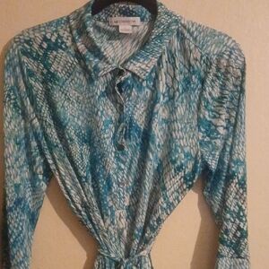 Liz Claiborne Teal and White Patterned Blouse